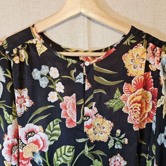 LOFT Black Colorful Floral LS Semi-Sheer Button Keyhole Blouse Breezy Medium - Picture 2 of 9